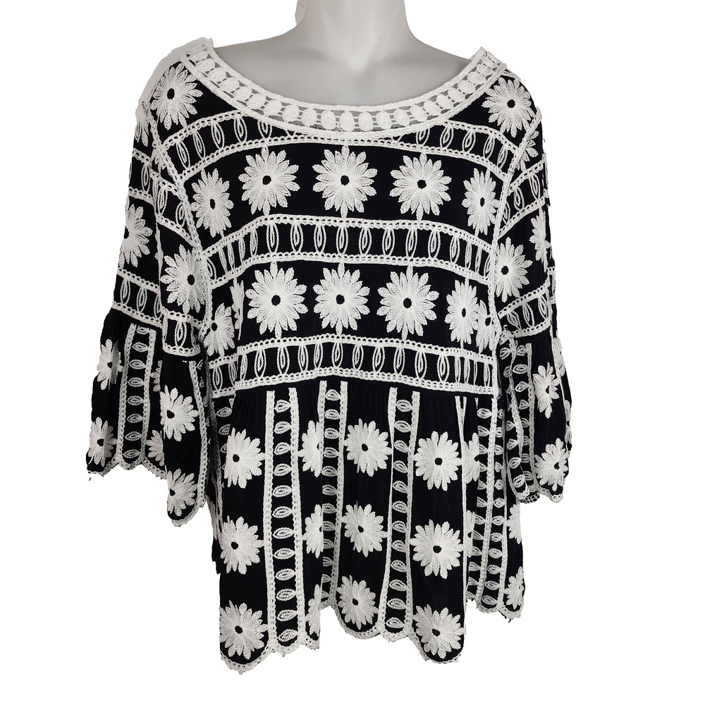 Kindred Womens Top Large Black Blouse Embroidered Feminine Peasant Boho Festival